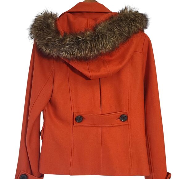 Delias Women's Pea Coat Double Breast Lined Fur Trim Hood Orange L - Picture 5 of 9